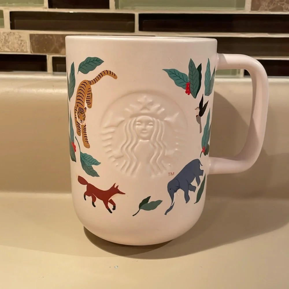 *RARE* STARBUCKS UEC Cream Colored Coffee Mug Fox Tiger Hummingbird elephant - Picture 2 of 9